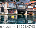 A peaceful scene of boathouses 142284743