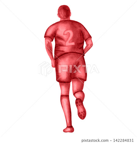 Watercolor illustration of a soccer player in a red uniform dribbling a ball. Dynamic sports action and movement, isolated on a white background. Football. Sports. Sports competition. 142284831