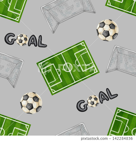 Watercolor seamless pattern with green football field, goal nets and soccer balls. Hand drawn stadium elements for sport event branding and textile prints. Football. Sport Watercolor seamless pattern with green football field, goal nets and soccer balls. Hand drawn stadium elements for sport event branding and textile prints. Football. Sport 142284836