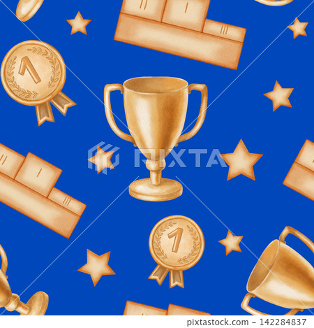 Watercolor sport victory seamless pattern with golden trophy cups, medals and pedestal. Hand drawn award elements for football championship and competition winners. Football. Sport Watercolor sport victory seamless pattern with golden trophy cups, medals and pedestal. Hand drawn award elements for football championship and competition winners. Football. Sport 142284837