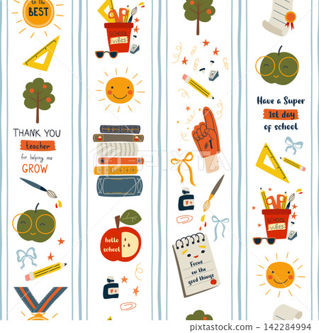 Back to school seamless pattern with pencils, apples, books, sayings. Vector striped education background Back to school seamless pattern with pencils, apples, books, sayings. Vector striped education background 142284994