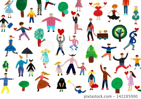 A collection of hand-drawn illustrations depicting colorful people and nature. 142285000