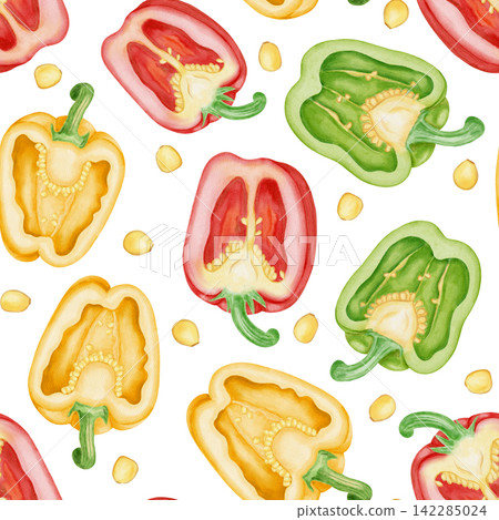 Watercolor seamless pattern with whole red, yellow, and green bell peppers, fresh leaves, and flowers. Hand-drawn vibrant vegetable background for kitchen textiles, cookbooks, and packaging Watercolor seamless pattern with whole red, yellow, and green bell peppers, fresh leaves, and flowers. Hand-drawn vibrant vegetable background for kitchen textiles, cookbooks, and packaging 142285024