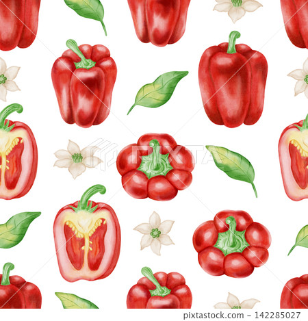 Watercolor seamless pattern with whole and half red bell peppers, leaves, and flowers. Vibrant hand-drawn botanical illustration of red paprika for kitchen textiles, cookbooks, packaging, harvest Watercolor seamless pattern with whole and half red bell peppers, leaves, and flowers. Vibrant hand-drawn botanical illustration of red paprika for kitchen textiles, cookbooks, packaging, harvest 142285027