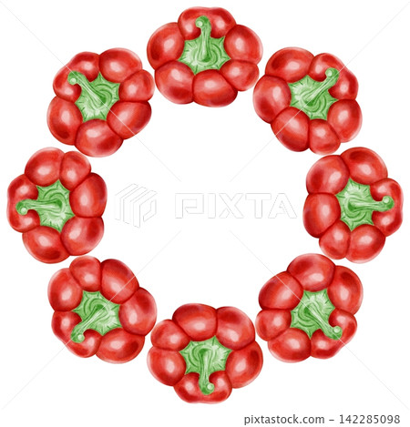 Watercolor red bell pepper wreath with whole and halved sweet peppers, green leaves. Hand drawn round frame for culinary design, menu, recipe card, kitchen decor, isolated on white background. Watercolor red bell pepper wreath with whole and halved sweet peppers, green leaves. Hand drawn round frame for culinary design, menu, recipe card, kitchen decor, isolated on white background. 142285098