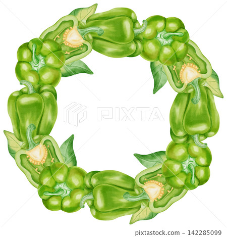 Watercolor green bell pepper wreath with whole and sliced sweet peppers. Hand drawn circular frame for menu design, organic food packaging, recipes, kitchen decor, isolated on white background. Watercolor green bell pepper wreath with whole and sliced sweet peppers. Hand drawn circular frame for menu design, organic food packaging, recipes, kitchen decor, isolated on white background. 142285099