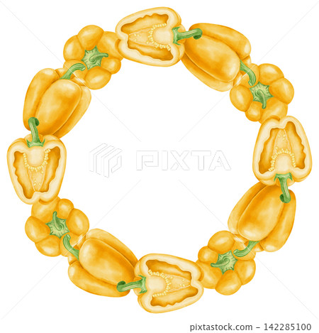 Watercolor yellow bell pepper wreath with whole, halved sweet peppers, seeds and leaves. Hand drawn round frame for culinary menu, organic packaging, recipes, isolated on white background. Watercolor yellow bell pepper wreath with whole, halved sweet peppers, seeds and leaves. Hand drawn round frame for culinary menu, organic packaging, recipes, isolated on white background. 142285100