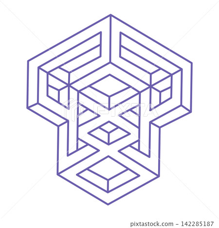 Impossible shapes, optical illusion, vector. Optical art objects. Logo in trendy 2022 Very Peri color. Geometric figures. Impossible shapes, optical illusion, vector. Optical art objects. Logo in trendy 2022 Very Peri color. Geometric figures. 142285187