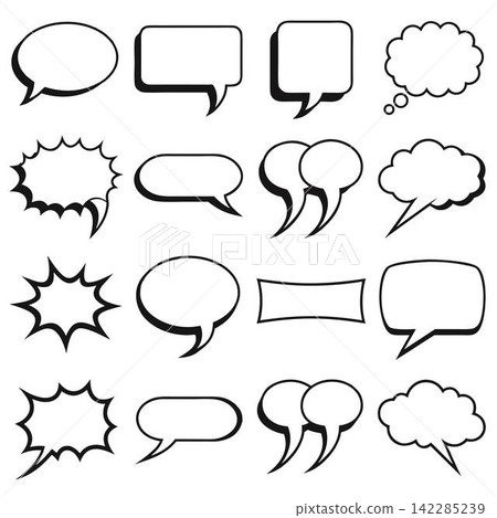This image presents a selection of blank black-and-white comic book speech bubbles, thought clouds, and dialogue boxes This image presents a selection of blank black-and-white comic book speech bubbles, thought clouds, and dialogue boxes 142285239