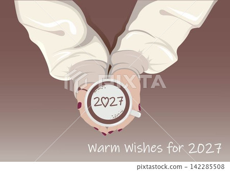 New Year coffee concept featuring festive welcoming 2027 with warmth, hope and positive wishes. Creative holiday greeting and seasonal celebration concept. New Year coffee concept featuring festive welcoming 2027 with warmth, hope and positive wishes. Creative holiday greeting and seasonal celebration concept. 142285508