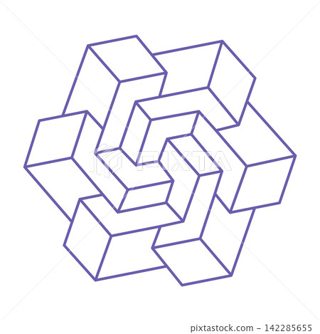 Impossible shapes. Logo. Sacred geometry figures. Optical illusion. Abstract eternal geometric objects. Impossible endless outline. Optical art. Impossible geometry shape on a white background. 142285655