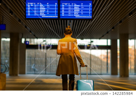 Traveler Looking at Train Departure Board in Station Traveler Looking at Train Departure Board in Station 142285984