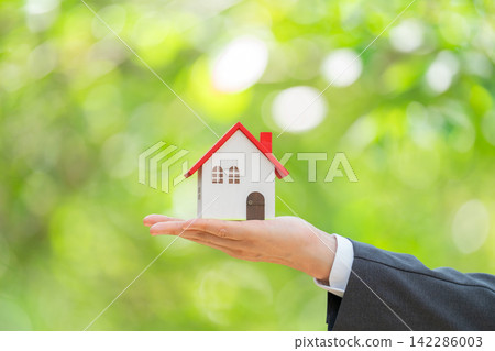 A man holding a model house; real estate; fresh greenery. A man holding a model house; real estate; fresh greenery. 142286003