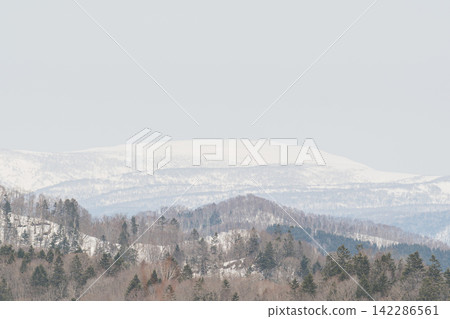 Snow-covered mountains and winter-bare forests dissolving in mist Snow-covered mountains and winter-bare forests dissolving in mist 142286561