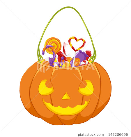 Halloween Pumpkin bucket full of candies. Spooky face Pumpkin Bag with falling lollipops, sweets, candy. Trick or treat Basket. Vector cartoon illustration isolated on white Halloween Pumpkin bucket full of candies. Spooky face Pumpkin Bag with falling lollipops, sweets, candy. Trick or treat Basket. Vector cartoon illustration isolated on white 142286696
