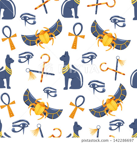 Ancient Egypt seamless pattern. Cartoon hand drawn vector ornament with ankh, cat, scarab, nekhakha, eye Horus on white background. Egyptian symbols. Egyptian civilization background Ancient Egypt seamless pattern. Cartoon hand drawn vector ornament with ankh, cat, scarab, nekhakha, eye Horus on white background. Egyptian symbols. Egyptian civilization background 142286697