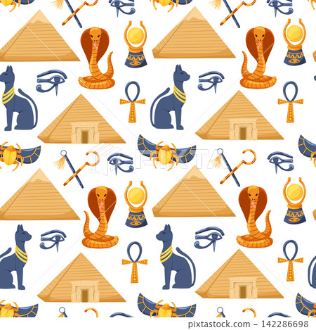 Ancient Egypt seamless pattern. Cartoon hand drawn vector ornament with ankh, cat, scarab, nekhakha, eye Horus, cobra, pyramids on white background. Egyptian symbols. Egyptian civilization background Ancient Egypt seamless pattern. Cartoon hand drawn vector ornament with ankh, cat, scarab, nekhakha, eye Horus, cobra, pyramids on white background. Egyptian symbols. Egyptian civilization background 142286698