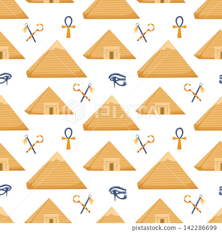 Ancient Egypt seamless pattern. Cartoon hand drawn vector ornament with ankh, pyramids, nekhakha, eye Horus on white background. Egyptian symbols. Egyptian civilization background Ancient Egypt seamless pattern. Cartoon hand drawn vector ornament with ankh, pyramids, nekhakha, eye Horus on white background. Egyptian symbols. Egyptian civilization background 142286699