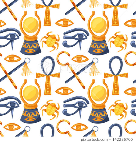 Ancient Egypt seamless pattern. Cartoon hand drawn vector ornament with ankh, aten, scarab, nekhakha, eye Horus on white background. Egyptian symbols. Egyptian civilization background Ancient Egypt seamless pattern. Cartoon hand drawn vector ornament with ankh, aten, scarab, nekhakha, eye Horus on white background. Egyptian symbols. Egyptian civilization background 142286700
