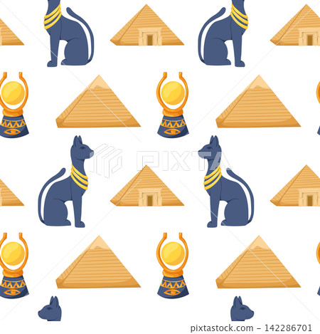 Ancient Egypt seamless pattern. Cartoon hand drawn vector ornament with cat, pyramids, aten on white background. Egyptian symbols. Egyptian civilization background Ancient Egypt seamless pattern. Cartoon hand drawn vector ornament with cat, pyramids, aten on white background. Egyptian symbols. Egyptian civilization background 142286701