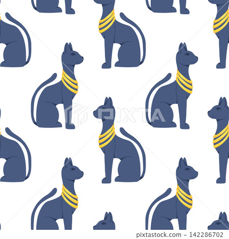 Ancient Egypt seamless pattern. Cartoon hand drawn vector ornament with cats on white background. Egyptian symbols. Egyptian civilization background Ancient Egypt seamless pattern. Cartoon hand drawn vector ornament with cats on white background. Egyptian symbols. Egyptian civilization background 142286702