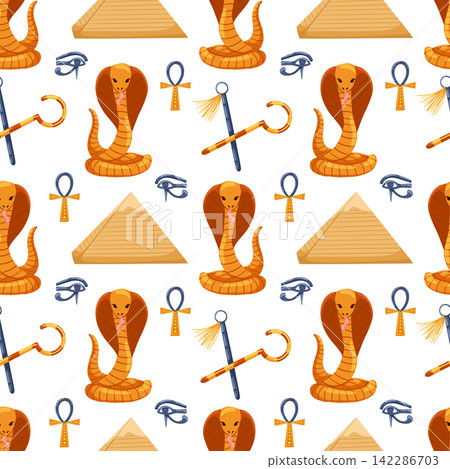 Ancient Egypt seamless pattern. Cartoon hand drawn vector ornament with ankh, nekhakha, eye Horus, cobra, pyramids on white background. Egyptian symbols. Egyptian civilization background Ancient Egypt seamless pattern. Cartoon hand drawn vector ornament with ankh, nekhakha, eye Horus, cobra, pyramids on white background. Egyptian symbols. Egyptian civilization background 142286703