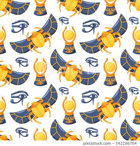 Ancient Egypt seamless pattern. Cartoon hand drawn vector ornament with scarab, aten, eye of Horus on white background. Egyptian symbols. Egyptian civilization background 142286704