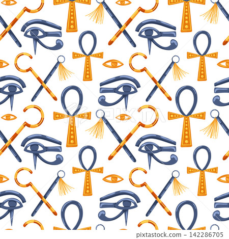 Ancient Egypt seamless pattern. Cartoon hand drawn vector ornament with ankh,  nekhakha, eye of Horus on white background. Egyptian symbols. Egyptian civilization background 142286705