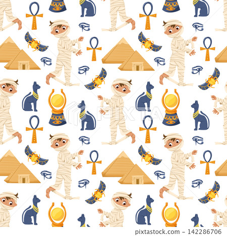 Ancient Egypt seamless pattern. Cartoon hand drawn vector ornament with ankh, cat, scarab, nekhakha, eye of Horus, aten, mummy, pyramids on white background. Egyptian symbols. Egyptian civilization Ancient Egypt seamless pattern. Cartoon hand drawn vector ornament with ankh, cat, scarab, nekhakha, eye of Horus, aten, mummy, pyramids on white background. Egyptian symbols. Egyptian civilization 142286706