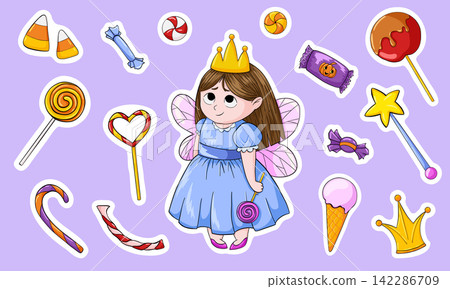 Halloween sticker pack. Toddler in a fairy halloween costume and sweet treats. Cartoon vector magic collection clip art. Trendy hand drawn illustration with a child and candies Halloween sticker pack. Toddler in a fairy halloween costume and sweet treats. Cartoon vector magic collection clip art. Trendy hand drawn illustration with a child and candies 142286709