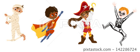 Happy cute little kids wearing Halloween costumes. Mummy, superhero, pirat, skeleton children in a masquarad outfits. Hand drawn vector cartoon character design for sticker, print, web Happy cute little kids wearing Halloween costumes. Mummy, superhero, pirat, skeleton children in a masquarad outfits. Hand drawn vector cartoon character design for sticker, print, web 142286724