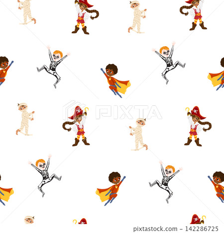 Happy cute little kids wearing Halloween costumes seaamless pattern. Mummy, superhero, pirat, skeleton children in a masquarad outfits. Hand drawn vector cartoon ornament for print, wrapping, apparel Happy cute little kids wearing Halloween costumes seaamless pattern. Mummy, superhero, pirat, skeleton children in a masquarad outfits. Hand drawn vector cartoon ornament for print, wrapping, apparel 142286725