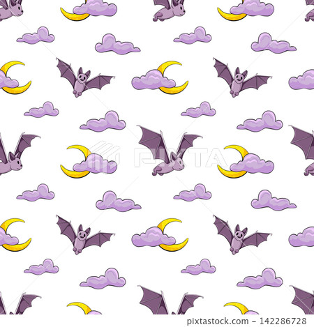 Halloween seamless pattern. Flying bat, spooky night, crescent moon with clouds, vampire theme cartoon illustration on white background. Comic vector print for packaging, textile, wrapping 142286728