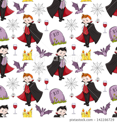Halloween seamless pattern. Vampire, bat, candles grave, dracula theme cartoon illustration on white background. Comic character boy vector print for packaging, textile, wrapping Halloween seamless pattern. Vampire, bat, candles grave, dracula theme cartoon illustration on white background. Comic character boy vector print for packaging, textile, wrapping 142286729