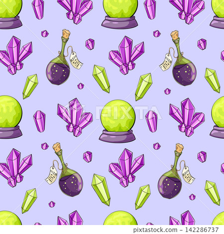 Halloween spooky seamless pattern. Fortune ball, potion, magic crystals cartoon illustration on purple background. Comic vector print for packaging, textile, wrapping Halloween spooky seamless pattern. Fortune ball, potion, magic crystals cartoon illustration on purple background. Comic vector print for packaging, textile, wrapping 142286737