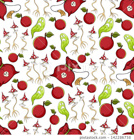 Halloween spooky seamless pattern. Fly agaric mushroom, potion, poisoned apple, ghost cartoon illustration on white background. Comic vector print for packaging, textile, wrapping Halloween spooky seamless pattern. Fly agaric mushroom, potion, poisoned apple, ghost cartoon illustration on white background. Comic vector print for packaging, textile, wrapping 142286738