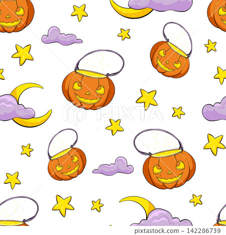 Halloween pumpkin seamless pattern. Halloween cartoon illustration. Trick or treat background. Halloween decor paper, graphic print, wallpaper on white background Halloween pumpkin seamless pattern. Halloween cartoon illustration. Trick or treat background. Halloween decor paper, graphic print, wallpaper on white background 142286739
