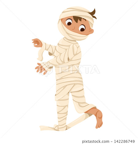 Happy cute little kid wears mummy Halloween costume. Funny boy in a masquarad outfit. Hand drawn vector character design for sticker, print, web Happy cute little kid wears mummy Halloween costume. Funny boy in a masquarad outfit. Hand drawn vector character design for sticker, print, web 142286749