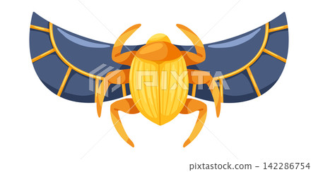 Golden egyptian scarab with wings. Cartoon hand drawn vector illustration. Symbol of ancient Egypt isolated on white background. Print for sticker, logo, web Golden egyptian scarab with wings. Cartoon hand drawn vector illustration. Symbol of ancient Egypt isolated on white background. Print for sticker, logo, web 142286754