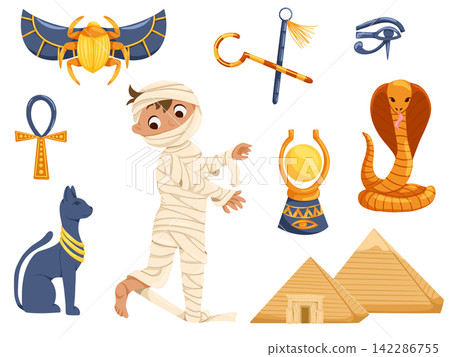 Cartoon Egypt elements. Halloween stickers with a mummy boy character, pyramids, cat, cobra, scarab, egypt symbols vector set. Illustration of a child in a Halloween mummy costume Cartoon Egypt elements. Halloween stickers with a mummy boy character, pyramids, cat, cobra, scarab, egypt symbols vector set. Illustration of a child in a Halloween mummy costume 142286755
