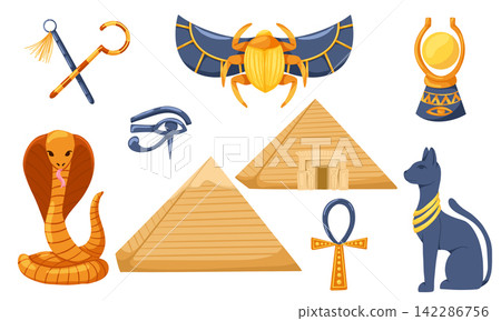 Cartoon Egypt elements. Set with pyramids, cat, cobra, scarab, egypt symbols, aten, eye of horus. Vector illustration for stickers, logo, print, web Cartoon Egypt elements. Set with pyramids, cat, cobra, scarab, egypt symbols, aten, eye of horus. Vector illustration for stickers, logo, print, web 142286756