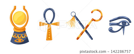 Set with ancient Egypt symbols. Aten, ankh, eye of Horus, heka, nakhakha. Cartoon hand drawn vector illustration isolated on white background. Print for sticker, logo, web Set with ancient Egypt symbols. Aten, ankh, eye of Horus, heka, nakhakha. Cartoon hand drawn vector illustration isolated on white background. Print for sticker, logo, web 142286757