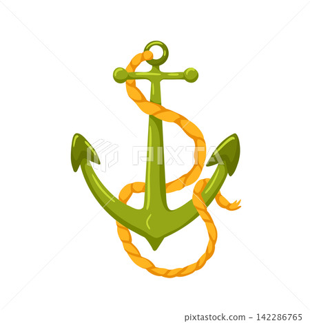Green anchor with a rope around it. Simple cartoon vector hand drawn illustration. Isolated marine icon on white background 142286765