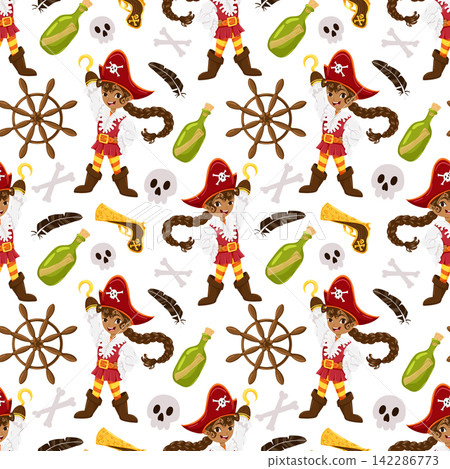 Pirate vector seamless pattern. The girl pirate with a hook, pirate revolver, bottle with a note on a white background. Cute childish decorative nautical cartoon design. Hand drawn fabric design Pirate vector seamless pattern. The girl pirate with a hook, pirate revolver, bottle with a note on a white background. Cute childish decorative nautical cartoon design. Hand drawn fabric design 142286773