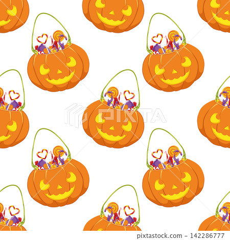 Halloween pumpkin seamless pattern. Halloween bucket full of sweets cartoon illustration. Trick or treat background. Halloween candy paper. Candy print, wallpaper vector on white background Halloween pumpkin seamless pattern. Halloween bucket full of sweets cartoon illustration. Trick or treat background. Halloween candy paper. Candy print, wallpaper vector on white background 142286777