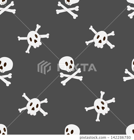 Pirate vector seamless pattern. Jolly Roger on a dark background. Spooky Halloween cartoon design with skull and crossbones. Hand drawn fabric design, package paper, print Pirate vector seamless pattern. Jolly Roger on a dark background. Spooky Halloween cartoon design with skull and crossbones. Hand drawn fabric design, package paper, print 142286780