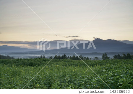 Mountain ridges and green fields illuminated by the morning glow Mountain ridges and green fields illuminated by the morning glow 142286933