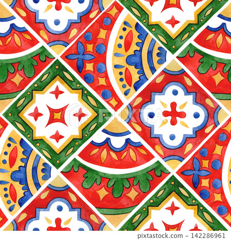Seamless pattern of colorful tiles. Diamond print. Watercolor illustration motifs. 142286961