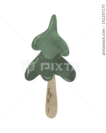 Cute cartoon evergreen trees. Spruce with green needles. Hand drawn watercolor fir illustration for kids, baby, nursery, card, pattern. Bright stylized wonderland forest. Cute cartoon evergreen trees. Spruce with green needles. Hand drawn watercolor fir illustration for kids, baby, nursery, card, pattern. Bright stylized wonderland forest. 142287175