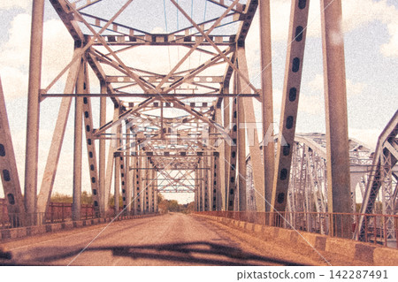 Cinematic vintage illustration from inside a steel truss bridge looking down empty road Cinematic vintage illustration from inside a steel truss bridge looking down empty road 142287491